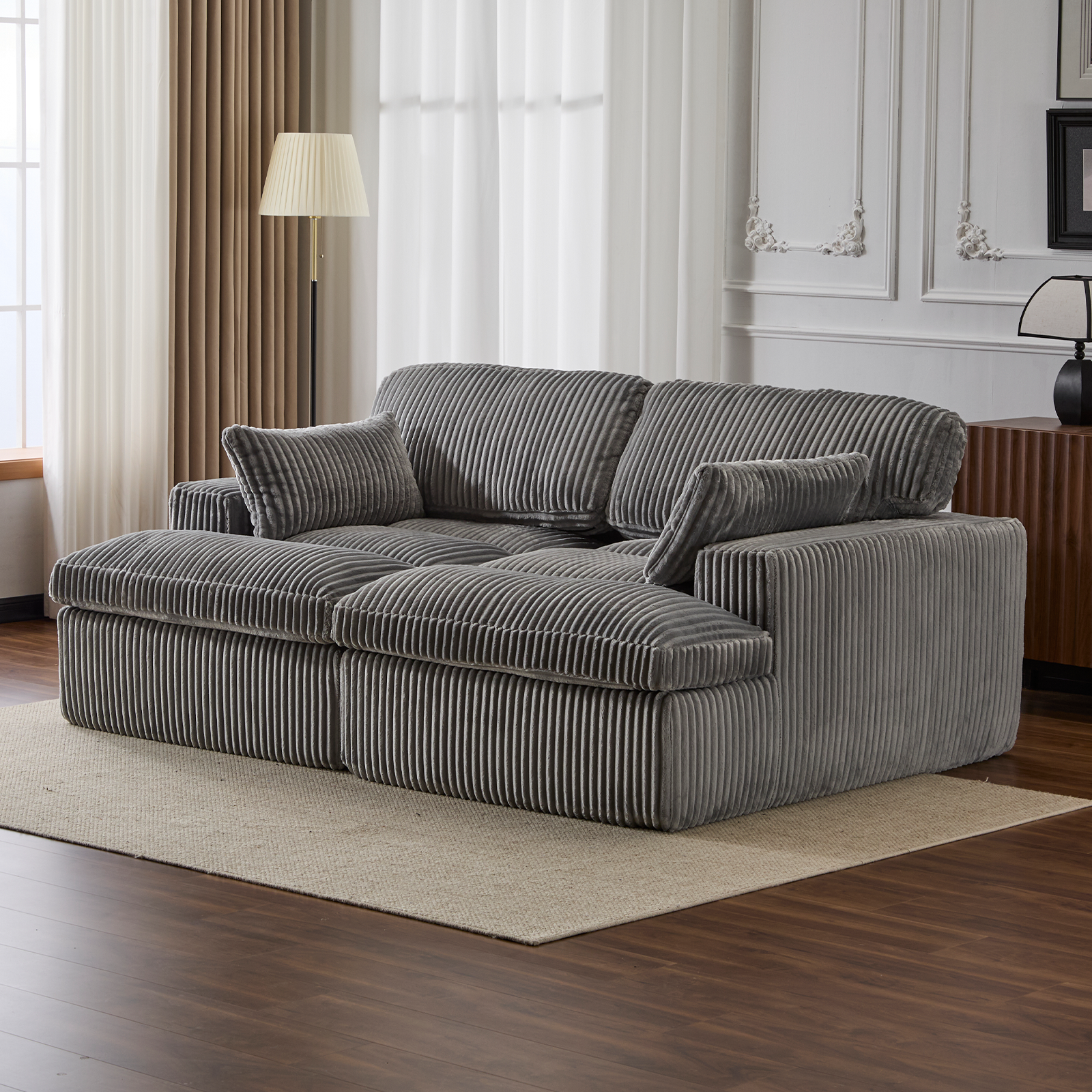 Doppel Chaiselongue Sessel Innenbereich, Übergroßes Gepolstertes Schlafsofa Cloud Couch, Tiefes Luxus Schlafsofa, Ecksofa Chaiselongue Loveseat, Cord Lesesessel für Wohnzimmer, Keine Montage Erforderlich, Grau