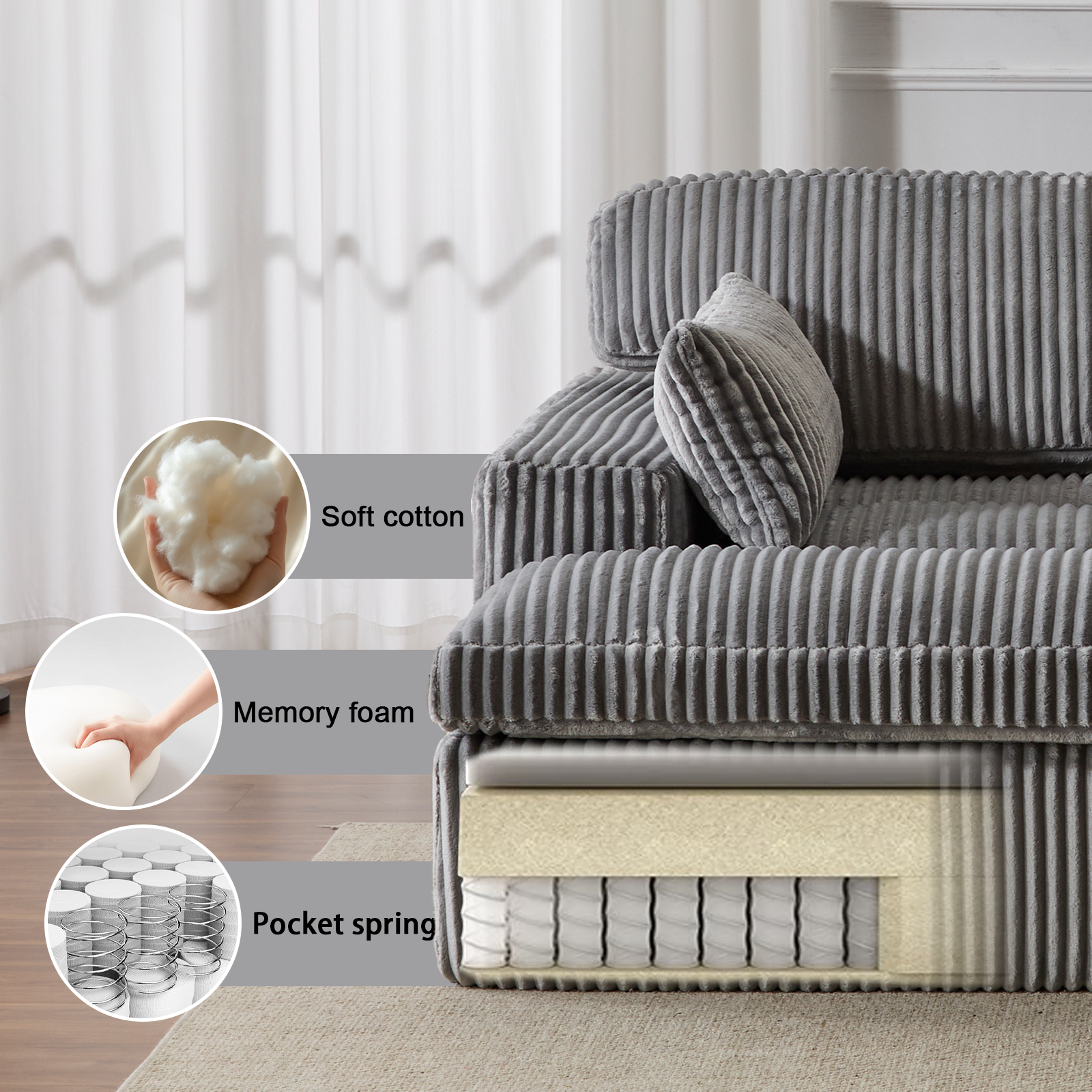 Doppel Chaiselongue Sessel Innenbereich, Übergroßes Gepolstertes Schlafsofa Cloud Couch, Tiefes Luxus Schlafsofa, Ecksofa Chaiselongue Loveseat, Cord Lesesessel für Wohnzimmer, Keine Montage Erforderlich, Grau