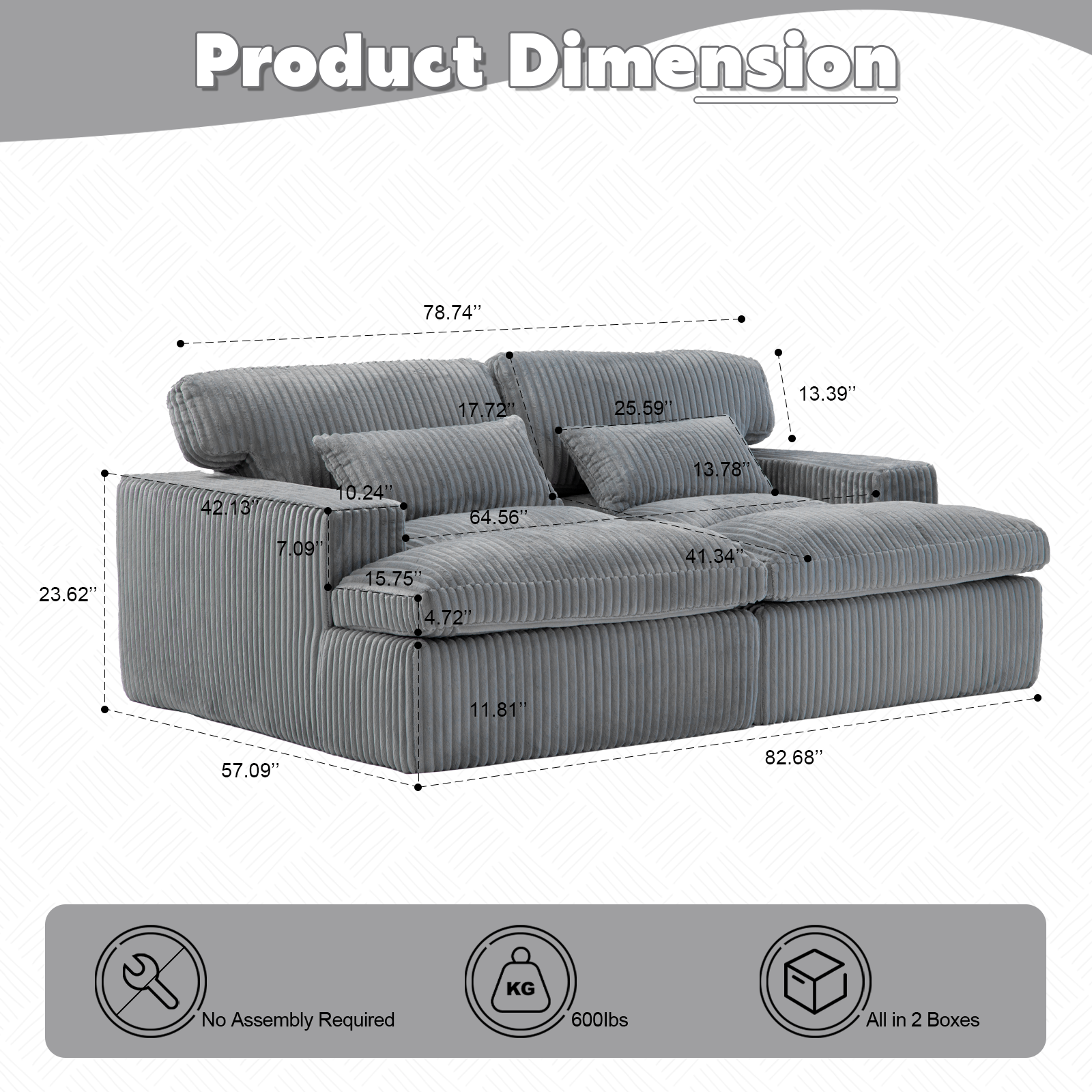 Doppel Chaiselongue Sessel Innenbereich, Übergroßes Gepolstertes Schlafsofa Cloud Couch, Tiefes Luxus Schlafsofa, Ecksofa Chaiselongue Loveseat, Cord Lesesessel für Wohnzimmer, Keine Montage Erforderlich, Grau