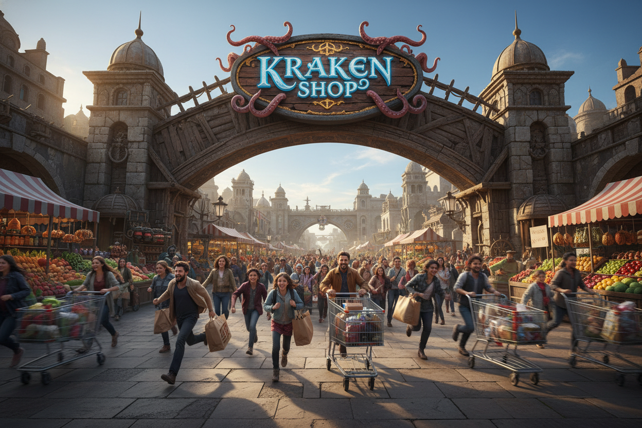 Kraken Shop trauf geschrieben und in ein grosse markt und sehr viele menschen kommen rein durch der eingang und gebt welche die rennen mit wagen 